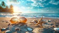 Seaside Serenity: Sunglasses and Starfish on Sunny Beach. Generative ai