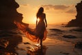 Seaside serenity, woman in white dress walks on golden sunrise beach