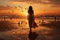Seaside serenity, woman in white dress walks on golden sunrise beach