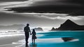 Seaside Stroll: Monochrome Illustration of Father and Daughter Walking by the Mountains. Generative AI Royalty Free Stock Photo