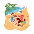 Seaside summer picnic and recreation flat cartoon vector illustration isolated.