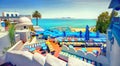 Seaside and terrace of cafe in Sidi Bou Said at sunset. Tunisia, North Africa Royalty Free Stock Photo