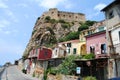 Seaside town Scilla with old medieval castle on rock Castello Ruffo. Scilla, Calabria, Italy. July 2019 Royalty Free Stock Photo