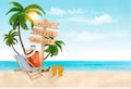 Seaside vacation vector. Travel items on the beach.