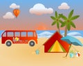 Seaside view on beautiful sunny beach with a tent, palm tree, beach ball, bucket, shovel, hot air baloon and a minivan