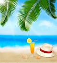 Seaside view with palm leaves, coctail, shells