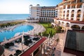 Seaside view, pool and terraces of Riu Helios Hotel in Obzor beach resort, Bulgaria, on a sunny summer morning