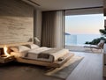 Seaside Villa Bedroom: Minimalist Design with Sea View. Generative ai