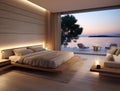 Seaside Villa Bedroom: Minimalist Design with Sea View. Generative ai