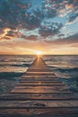 Seaside walkway, sunset light, side view, leading to the horizon, calm and peaceful