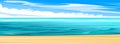 Seaside. Yellow coastal sand. Tidal bore. Foamy waves of the sea. Skyline with clouds and blue sky. Flat style. Water