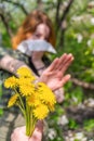 Season allergy to flowering plants pollen. Dandelion bouquet against young woman with paper handkerchief in garden and doing stop Royalty Free Stock Photo