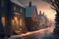 Season celebration winter street house. Christmas evening city beautiful festive town Generative AI