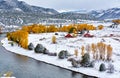 Season changing, first snow and autumn trees Royalty Free Stock Photo