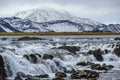 Season changing in southern Highlands of Iceland. Picturesque waterfal Tungnaarfellsfoss panoramic autumn view. Landmannalaugar