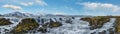 Season changing in southern Highlands of Iceland. Picturesque waterfal Tungnaarfellsfoss panoramic autumn view. Landmannalaugar