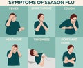 Season flu symptoms, healthcare and medicine infographic: cough, fever, headache, tiredness, ache, pains, cough. Hand drawn vector