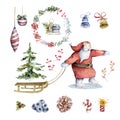 Hand drawn scandinavian watercolor illustrations 2021 set of Christmas Santa with sleigh, joy, tree, cute little Gnomes isolated. Royalty Free Stock Photo
