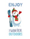 Frosty snowman ski hand drawn flat color vector