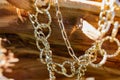 This season, multi-tiered chains of different types and sizes are fashionable. Faceted Golden links of the metal alloy dry hanging