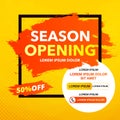 Season Opening banner. Minimal geometric abstract background. Bright design texture. Dynamic shapes composition. Discount up to 50
