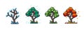 Season pixel tree. 8 bit spring summer autumn and winter cartoon tree for retro video game. Vector green and white Royalty Free Stock Photo