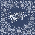 Season`s Greetings, christmas background with snowflake frame, winter wreath, template for greeting card Royalty Free Stock Photo