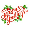 Season`s Greetings, hand written lettering, vintage Christmas and new year card with holly berry. Vector winter illustration Royalty Free Stock Photo