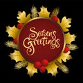 Season`s Greetings text with decorative gold leaves