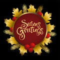 Season's Greetings text with decorative gold leaves