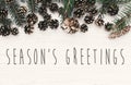 Season`s greetings text on modern christmas flat lay with green Royalty Free Stock Photo