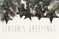 Season`s greetings text on modern christmas flat lay with green Royalty Free Stock Photo