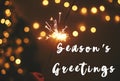 Season`s greetings  text sign on glowing sparkler in hand on background of golden christmas tree lights in dark festive room. Royalty Free Stock Photo