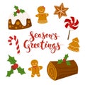 Season`s Greetings vector Merry Christmas card design with Christmas food Royalty Free Stock Photo