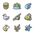 Vector Set of Hunting Icons. Hunter, nature, whistle, duck, rifle, bag, dog, cane, mosquito. Royalty Free Stock Photo