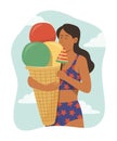 Young Woman Holding Big Ice Cream Cone with Summer Concept.
