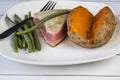 Season tuna steak with sweet potato and green beans Royalty Free Stock Photo