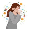 Seasonal Allergy Girl blows her nose in a handkerchief. Vector graphics