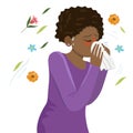 Seasonal Allergy Girl blows her nose in a handkerchief. Vector graphics