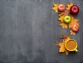 Seasonal autumn background. Frame of colorful maple leaves, peaches and apples over grey Royalty Free Stock Photo