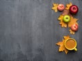 Seasonal autumn background. Frame of colorful maple leaves, peaches and apples over grey Royalty Free Stock Photo