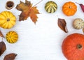 Seasonal Autumn Flat Lay with Squash and fallen leaves Royalty Free Stock Photo