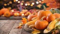 Seasonal Autumn Harvest Display with Pumpkins and Corn, Copy-Space Royalty Free Stock Photo