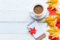 Seasonal autumn maple leaves.  Cup coffee hot steaming  warm scarf with paper note for greeting text on wooden table background in Royalty Free Stock Photo