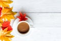 Seasonal autumn maple leaves.  Cup coffee hot steaming  warm scarf on wooden table background in morning relax sunny day. Royalty Free Stock Photo