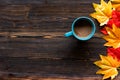 Seasonal autumn maple leaves.  Cup coffee hot steaming  warm scarf on wooden table background in morning relax sunny day. Royalty Free Stock Photo