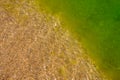 Seasonal bloom of the Black Sea. Clear water and a bunch of green algae that have arrived. Comparison of clean and dirty water. Royalty Free Stock Photo