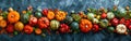 Seasonal Bounty: Top-View of Autumn Vegetables, Pumpkins, and Decorative Banner on Textured Concrete Background