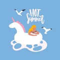 Seasonal card template with flying seagulls, woman with rubber unicorn float in sea or ocean and Hot Summer phrase