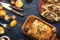 Tasty pie with mushrooms champignons and persimmon Royalty Free Stock Photo